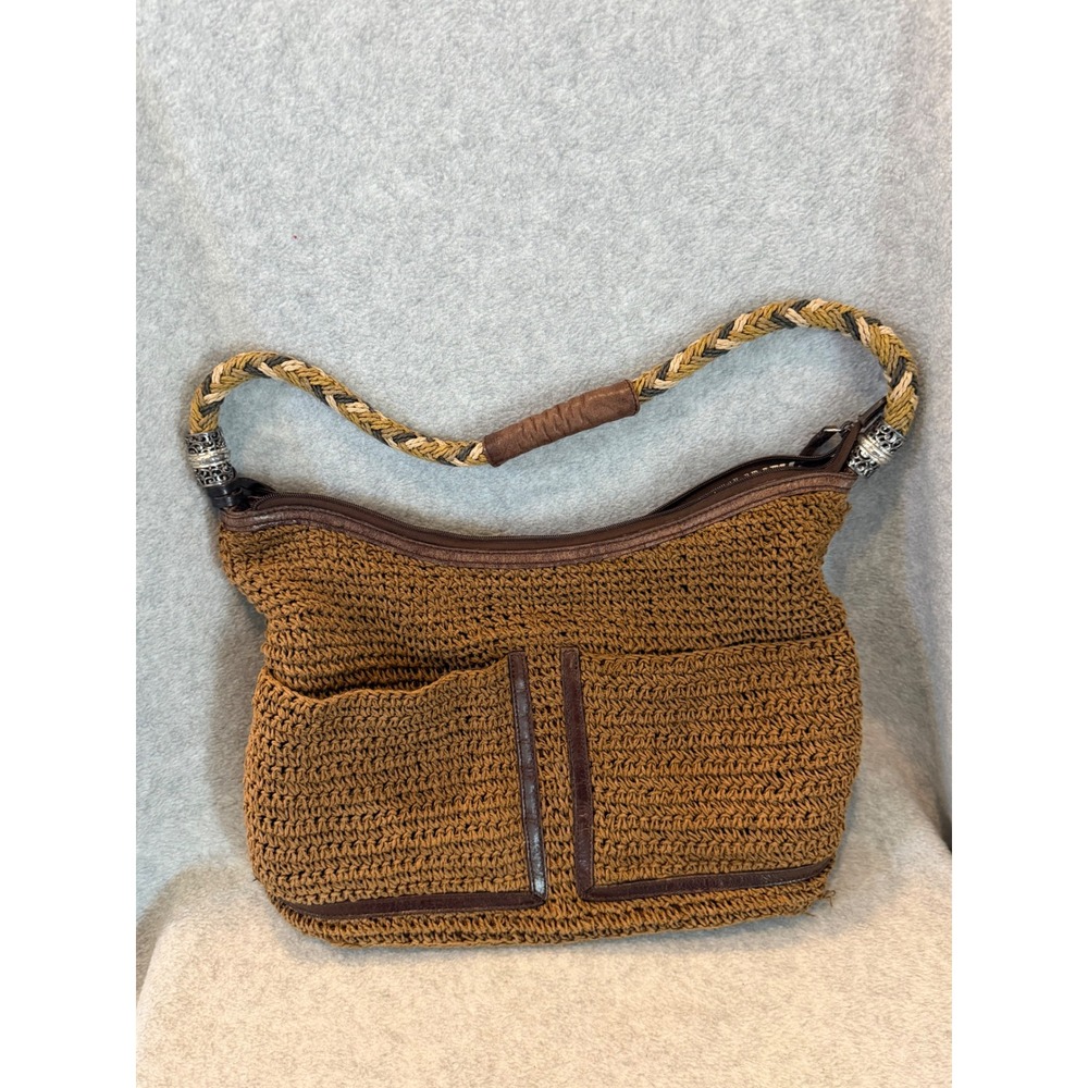 Brighton Brown Straw Crochet Shoulder Bag Leather Trim Boho Hobo Handbag Medium